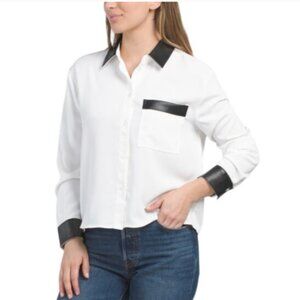 NWT LAUNDRY Cropped White Long Sleeves Blouse with Faux Black Leather Trim